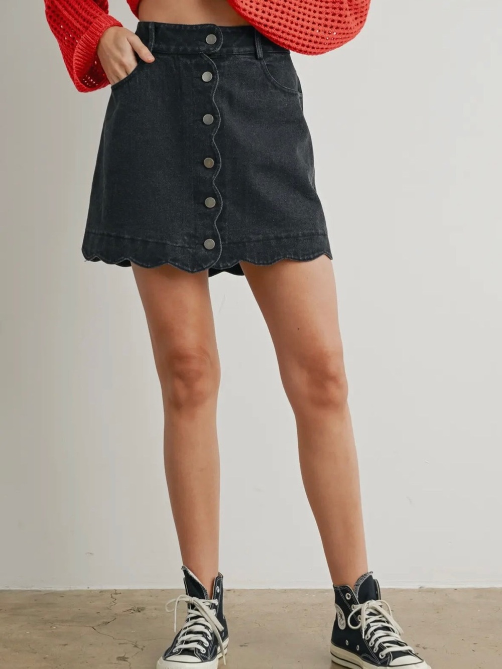 Scallop-Hem Black Denim Mini Skirt